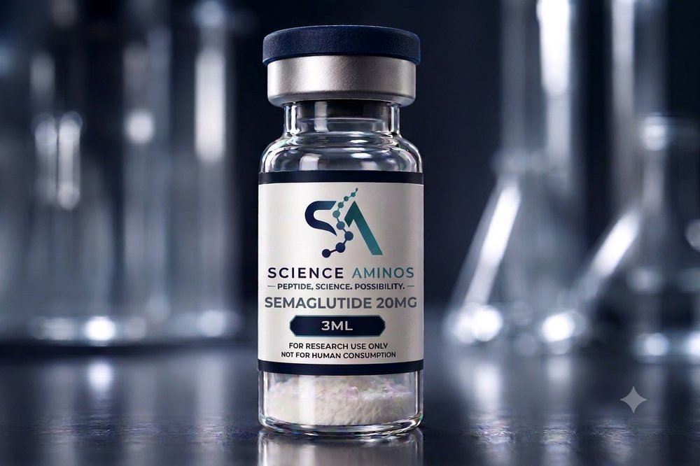 Semaglutide 20mg research peptide vial, 3 mL lyophilised powder